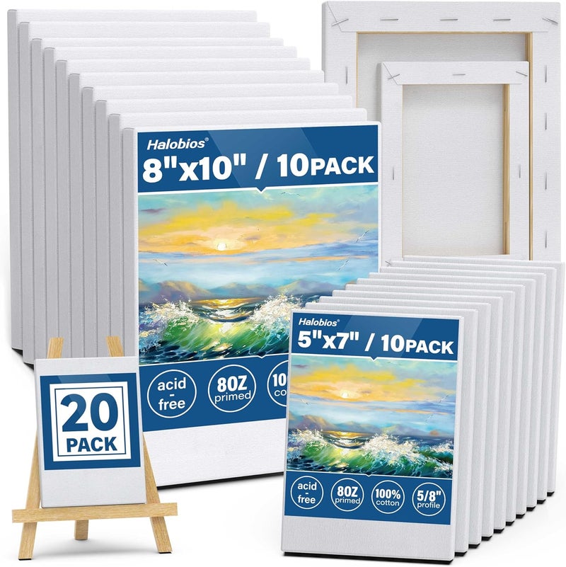 Halobios Professional Stretched Canvas for Painting with 8x10 inch, 5x7 inch (10 of Each), 20 Packs Blank Canvases Art Supplies for Acrylic, Oil, Pouring,100% Cotton, Primed, 5/8 Inch Profile - Image 1